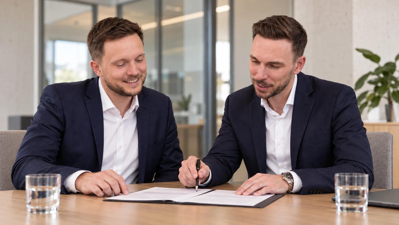 Illustration: gemeinsame Besprechung von Unterlagen am Tisch