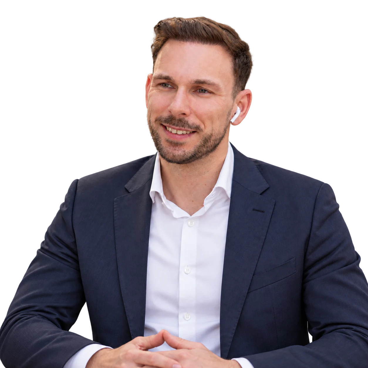 Illustration: Dr. Patrick Stumpf mit kabellosem Ohrhörer im Erstgespräch