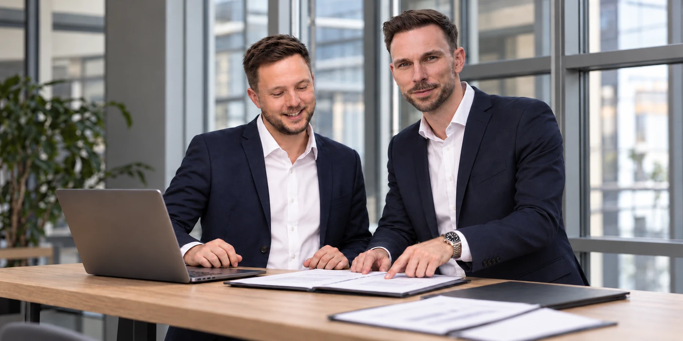 Illustration: Johannes Müller und Dr. Patrick Stumpf besprechen Unterlagen zur Verkaufsvorbereitung